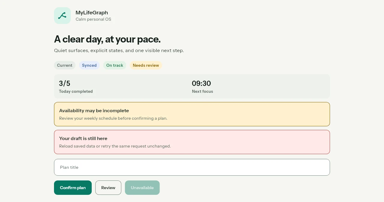 MyLifeGraph: a preview of the light design system with planning elements and status indicators
